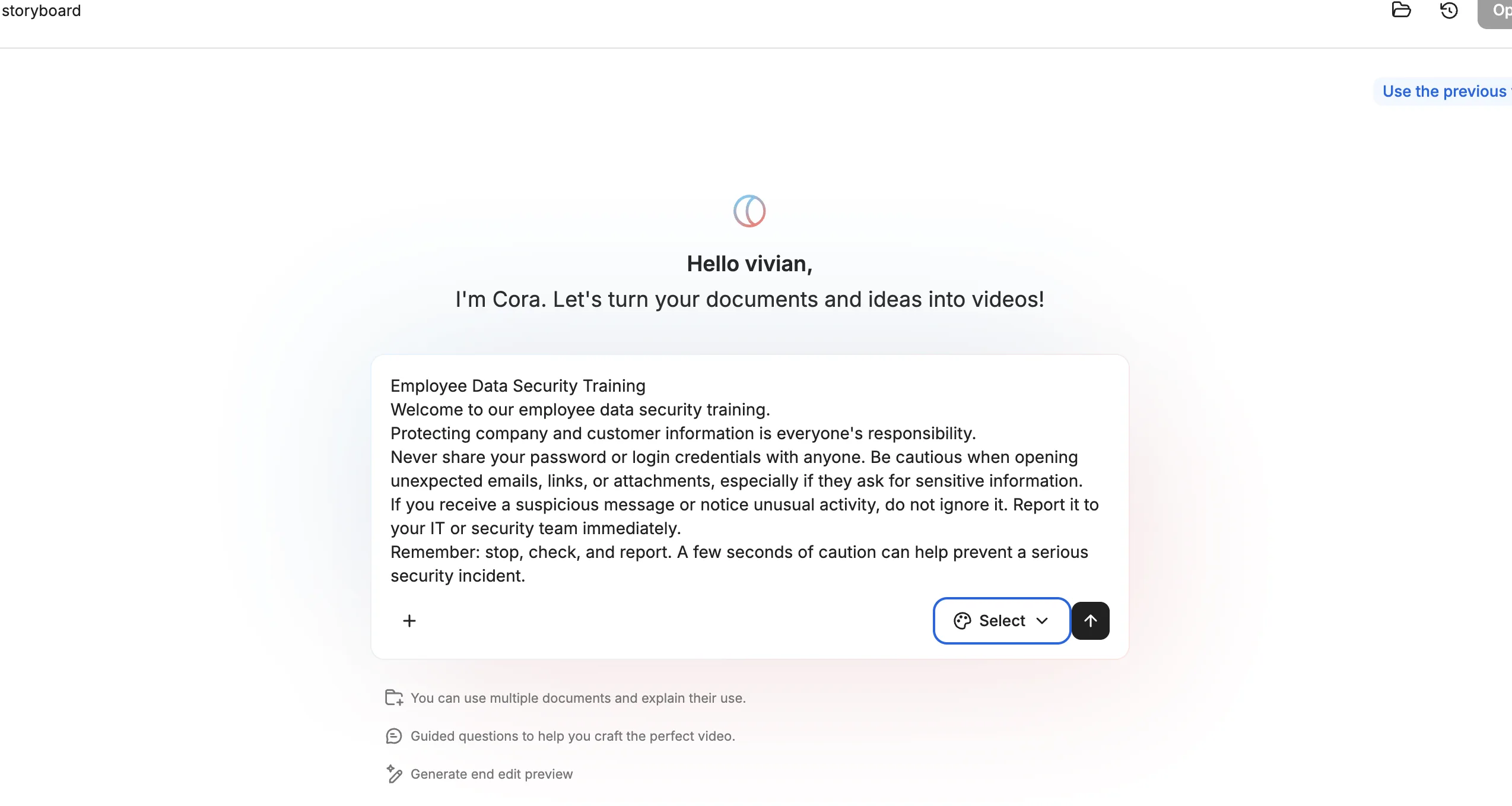 Employee data security training script entered into Colossyan