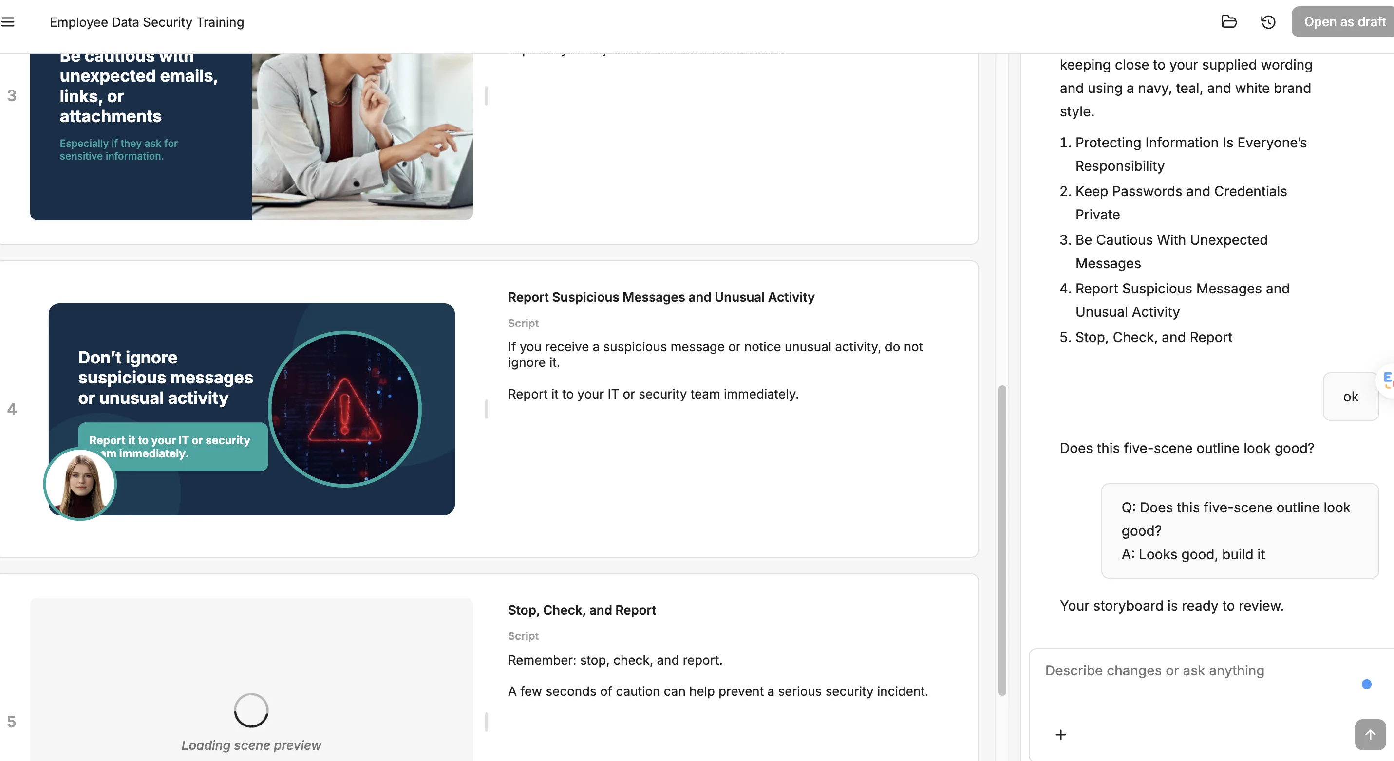 Colossyan storyboard for an employee data security training video