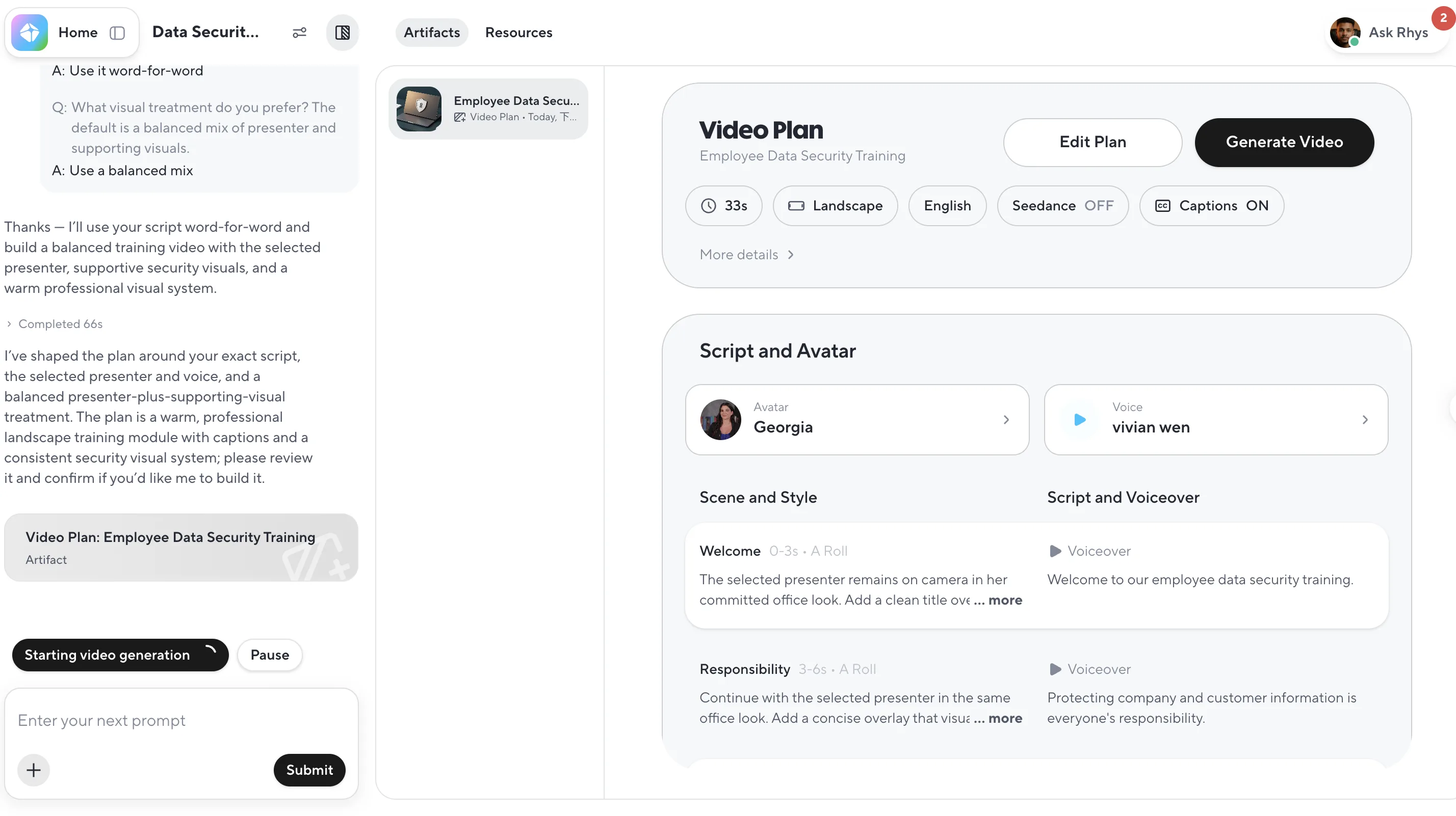HeyGen video plan for an employee data security compliance training video