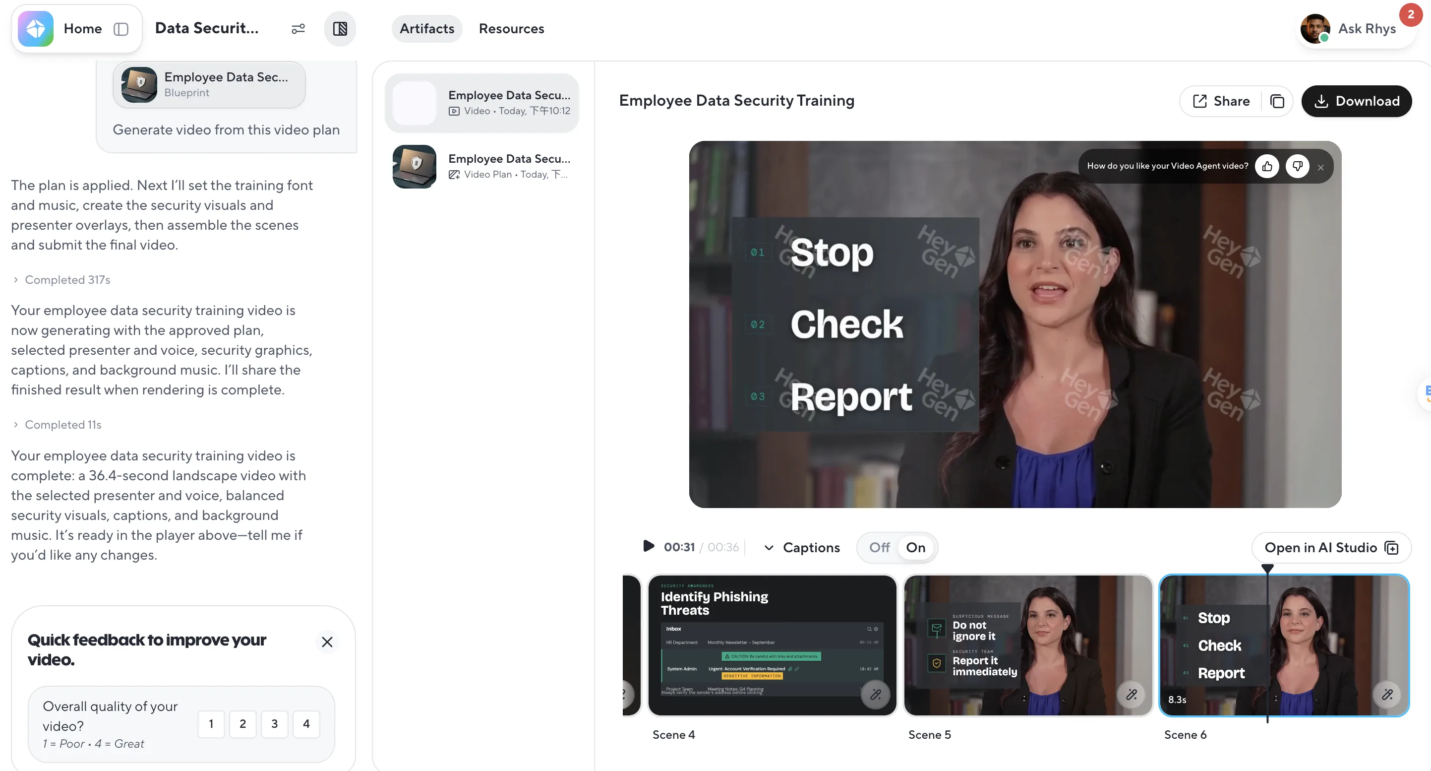 Completed employee data security training video generated in HeyGen