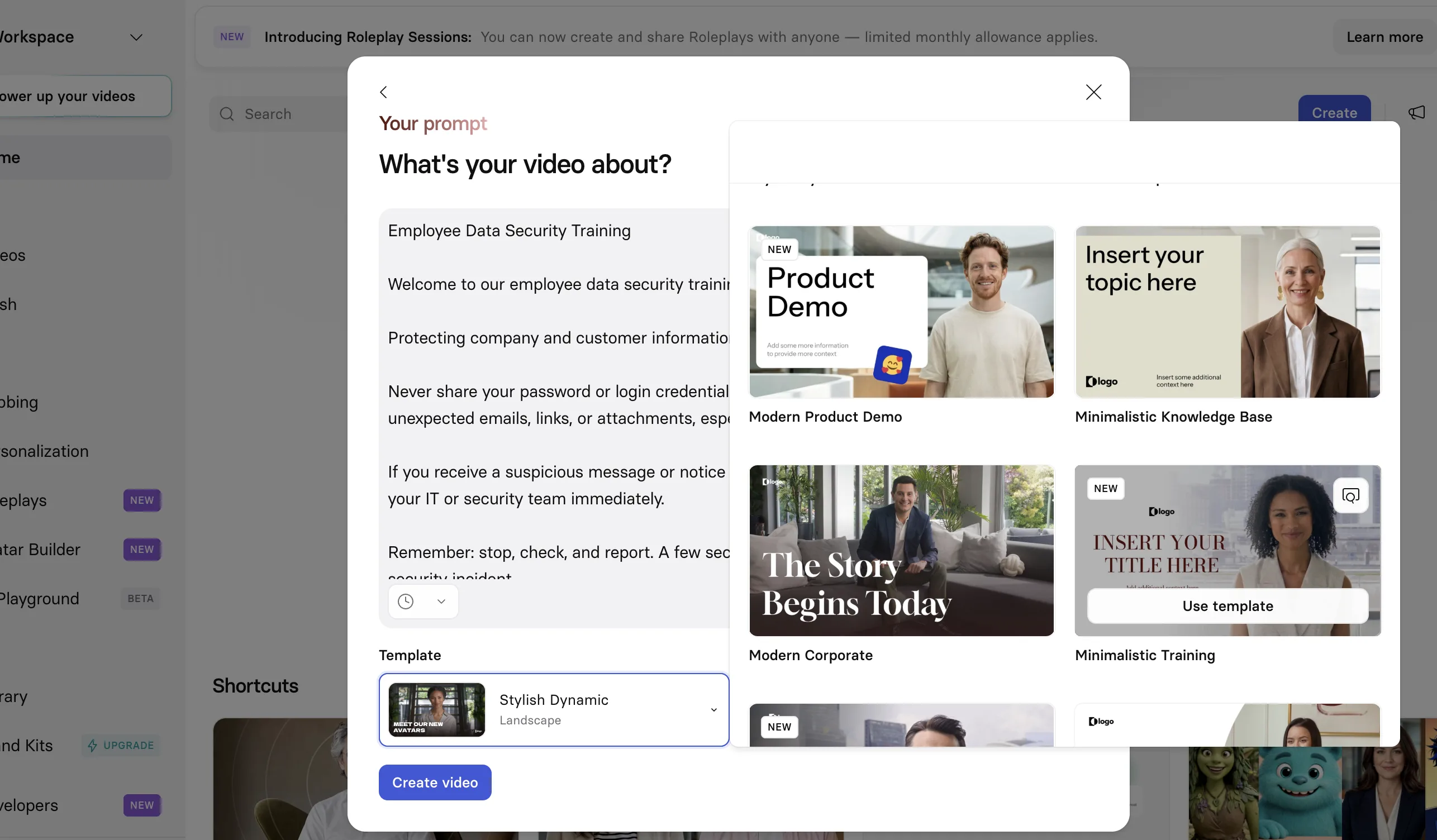 Synthesia prompt and template selection for an employee data security training video
