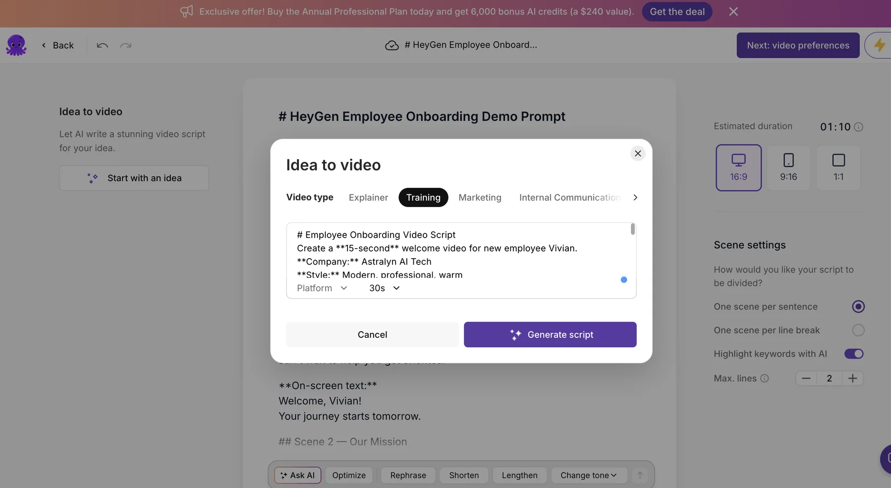 Pictory AI video generation workspace