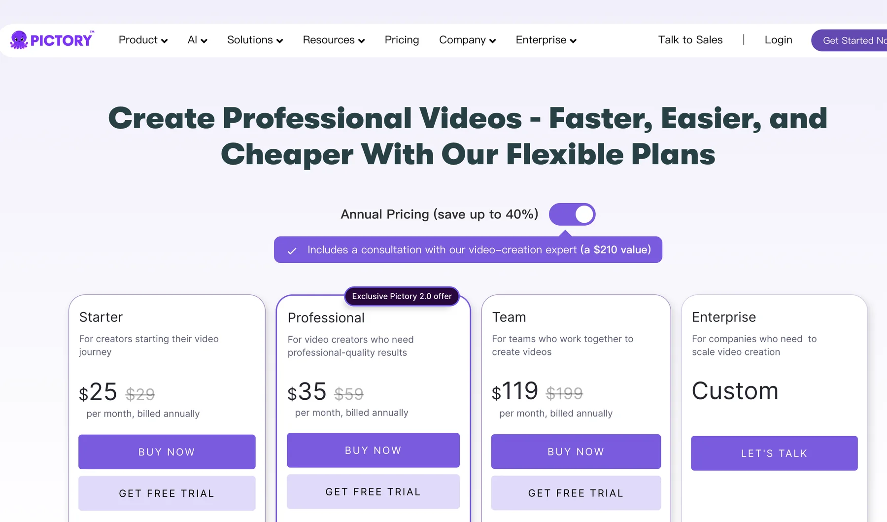 Pictory pricing page captured during testing